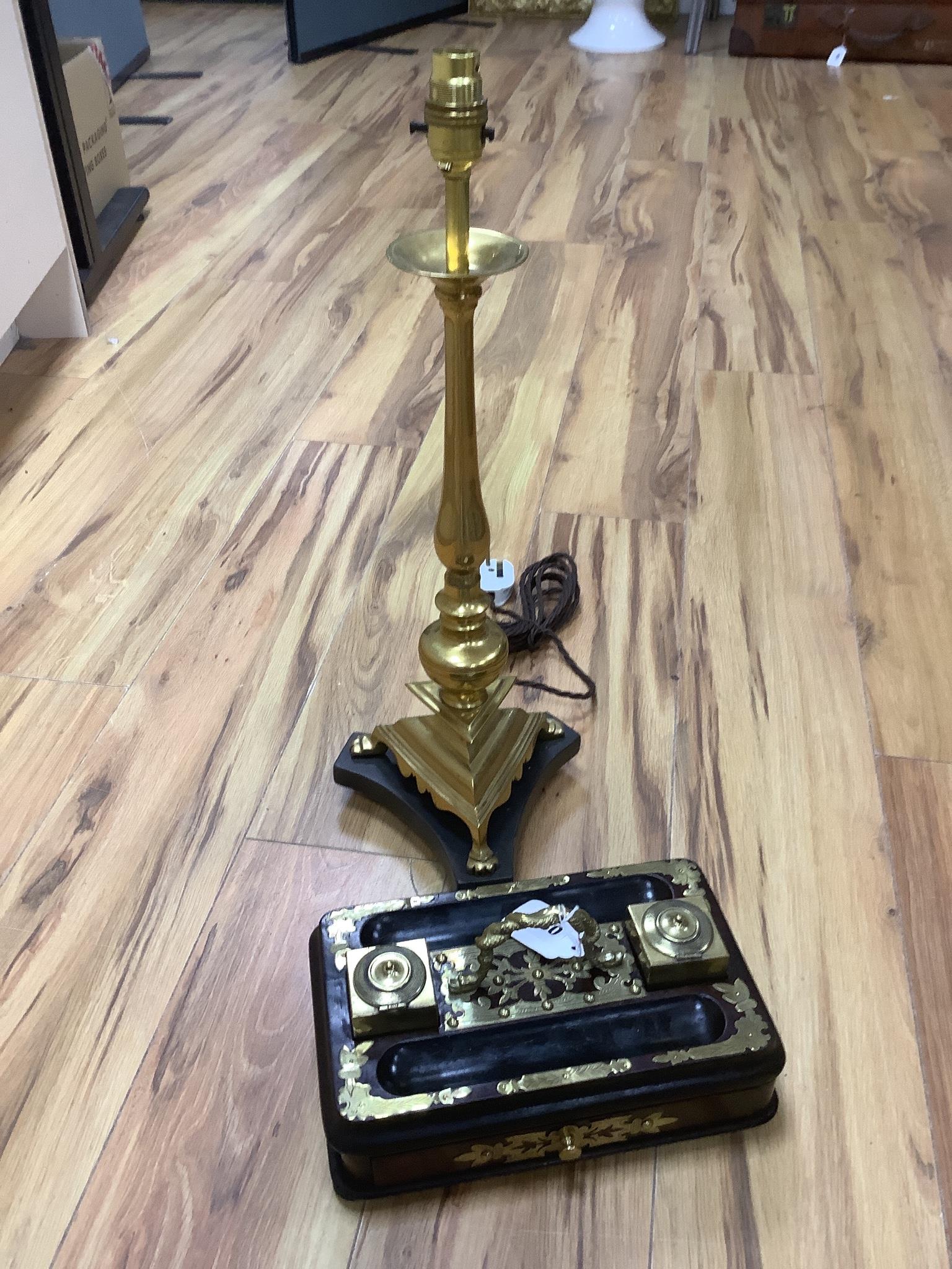 A walnut and brass inkstand together with a brass desk lamp